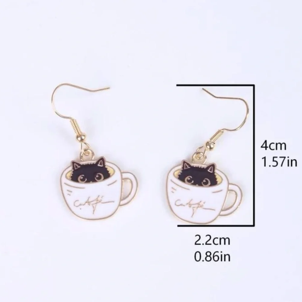 SuperCute Cafe Kitty Cat in a Cup o’ Coffee Gold Enamel Dangle Earrings - Picture 5 of 6